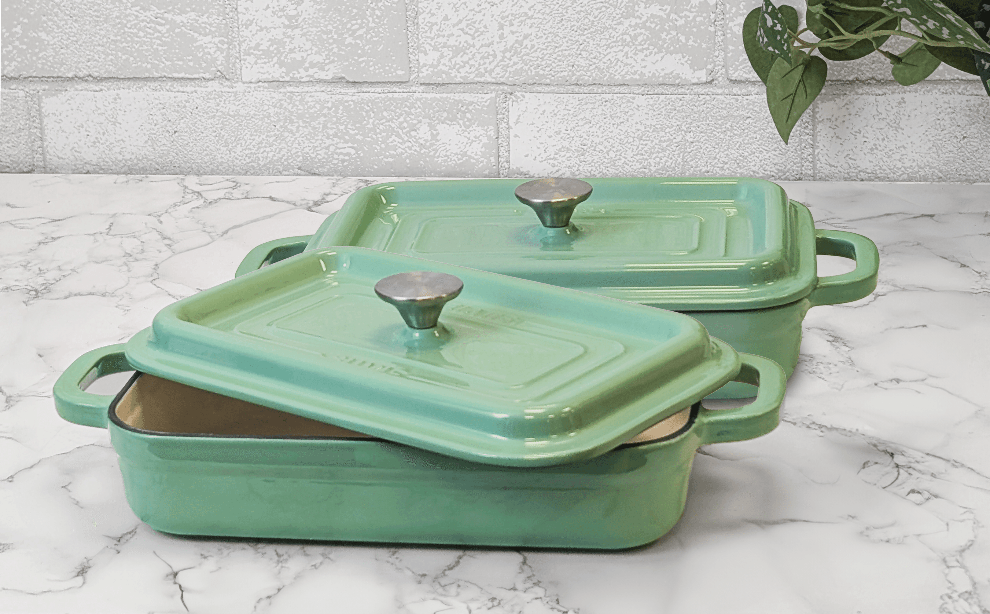 Enameled Cast Iron Covered Casserole Dishes, Suvie Green